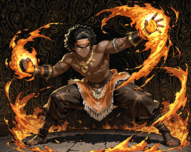 Solo, dark skinned boy, Indian, short curly hair, golden eyes, indian Tribal Headband, local Leather Vestments, indian face marking , Pocketed Cloth Pants, Jeweled golden necklace, Jeweled gauntlets indian patterns, channeling bursting max orange magic in ...