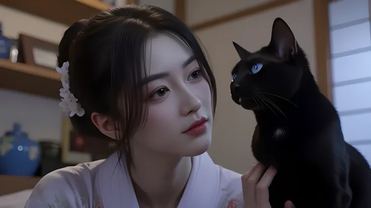 Japanese woman and blue-eyed black cat, indoors