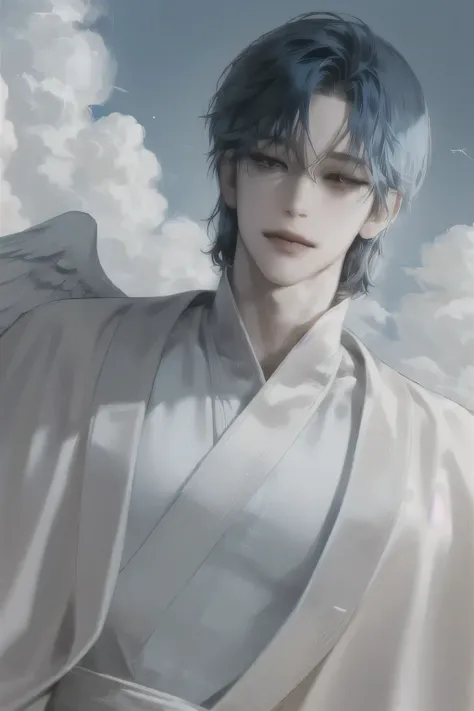 imagine a Angel early twenties, blue hair, ethereal aura, blueish gray eyes,  smiling, masterpiece, large wings, white robe, curly hair, bangs, large wings clouds landscape close up, handsome, low angle, hair pins, robe