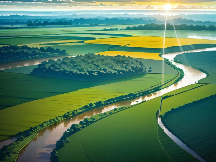 Pampa landscape, The matrix of this landscape are rice fields, A curvy river flows through it, lush vegetation accompanies the river, dominance of rice fields, wide angle landscape shot, wide angle landscape, Rio Grande do Sul. Predominance of lush fields,...