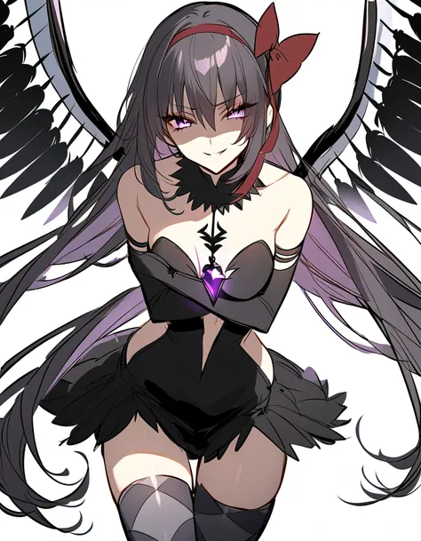 1girl, akuma homura, solo, long hair, wings, gloves, elbow gloves, black hair, smile, purple eyes, thighhighs, black gloves, argyle legwear, argyle, bare shoulders, looking at viewer, dress, soul gem, hair bow, bow, choker, feathered wings, white backgroun...