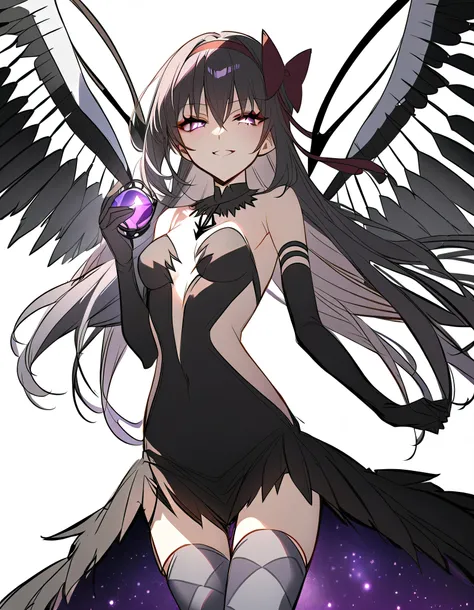 1girl, akuma homura, solo, long hair, wings, gloves, elbow gloves, black hair, smile, purple eyes, thighhighs, black gloves, argyle legwear, argyle, bare shoulders, looking at viewer, dress, soul gem, hair bow, bow, choker, feathered wings, white backgroun...