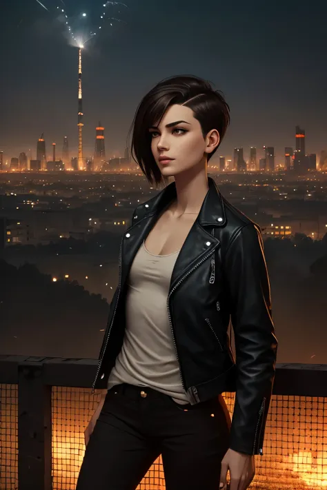 Cyberpunk setting: An androgynous woman with an undercut. Extremly pale skin. Slim. Flat chest. Small breasts. Dark-brown hair. Very short hair. Undercut. Sides shaved. Dark-brown upturned eyes. Deep thin eyebrows. A long wide nose. Curved lips. A soft jaw...