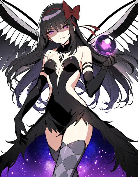 1girl, akuma homura, solo, long hair, wings, gloves, elbow gloves, black hair, smile, purple eyes, thighhighs, black gloves, argyle legwear, argyle, bare shoulders, looking at viewer, dress, soul gem, hair bow, bow, choker, feathered wings, white backgroun...
