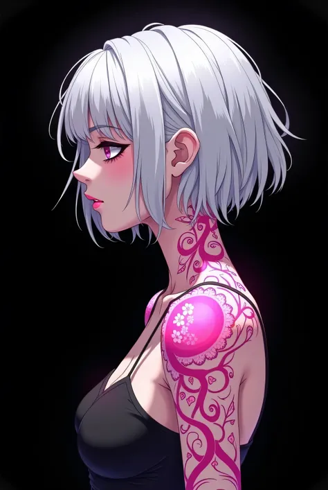 1 young woman,(Fluorescent pink tattoo with delicate design on neck and arms:1.5),((lidded eyes:1.4)),(looking down:1.3),(parted_lips:1.4),(intricate detailed:1.4),((Short hair with slightly curled white hair:1.4),Casual navel crop top,upper body,black bac...