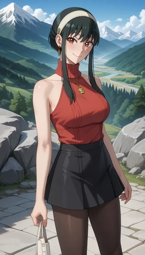  score_9,  score_8_up,  score_7_up,  source_  anime、Highest quality、8k、 masterpiece、Ultra High Definition、natural light、perfect anatomy、 one woman、saggy breasts、(Yor Forger)、 dark hair、 cute face、smile、( sleeveless rib knit、 high neck、Micro Mini Skirts:1.2...