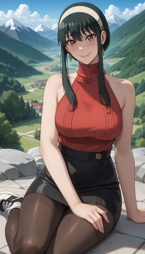  score_9,  score_8_up,  score_7_up,  source_  anime、Highest quality、8k、 masterpiece、Ultra High Definition、natural light、perfect anatomy、 one woman、saggy breasts、(Yor Forger)、 dark hair、 cute face、smile、( sleeveless rib knit、 high neck、Micro Mini Skirts:1.2...