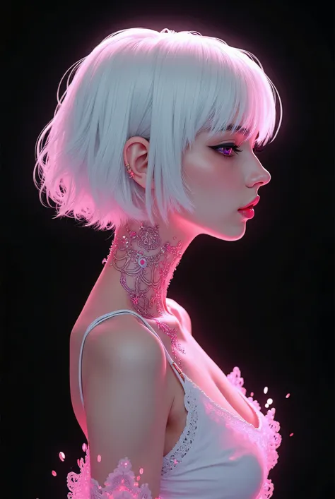 1 young woman,(Fluorescent pink tattoo with delicate design on neck and arms:1.5),((lidded eyes:1.4)),(looking down:1.3),(parted_lips:1.4),(intricate detailed:1.4),((Short hair with slightly curled white hair:1.4),Casual navel crop top,upper body,black bac...