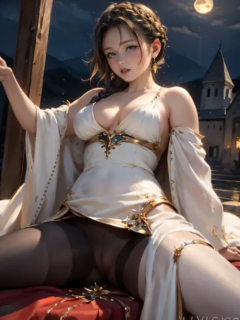 (drooping eyes, ecstasy face, angle from below, realistic skin), long thick braid, spread legs, mouth, drooling, casual-dress, pantyhose with pubic, focus on her crotch, outside mountain, (medieval kingdom, long white robe with gold trim), ((dark hour of d...