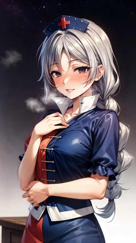 (Ultra High Quality,super high definition,16k,super masterpiece,Ultra HD , detailed shading and background,)NSFW,One woman is facing up,Long silver hair, braids, Chest Valley, nurse cap ,long skirt with low skin exposure, sweaty,blush,smile,Thick lips,Japa...