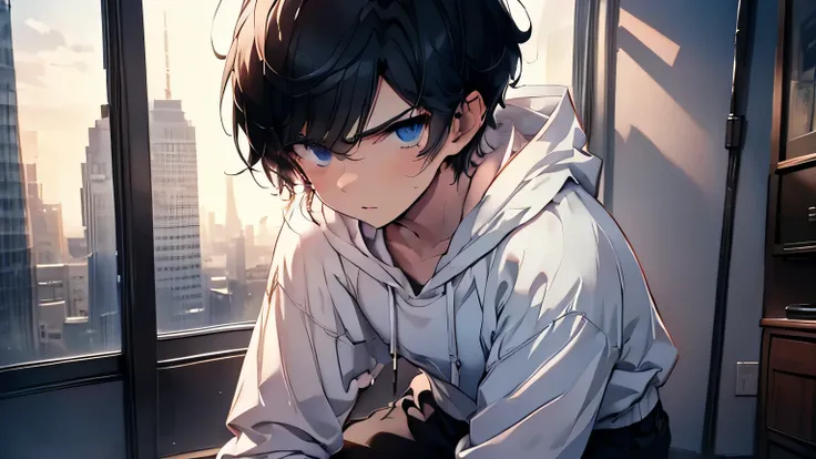  a young man，Anime style，in a large living room with a window，wearing white sportswear, black pants, black hair, uneasy expression, slightly open lips，The background is blurry, dark tones， Aerial View 