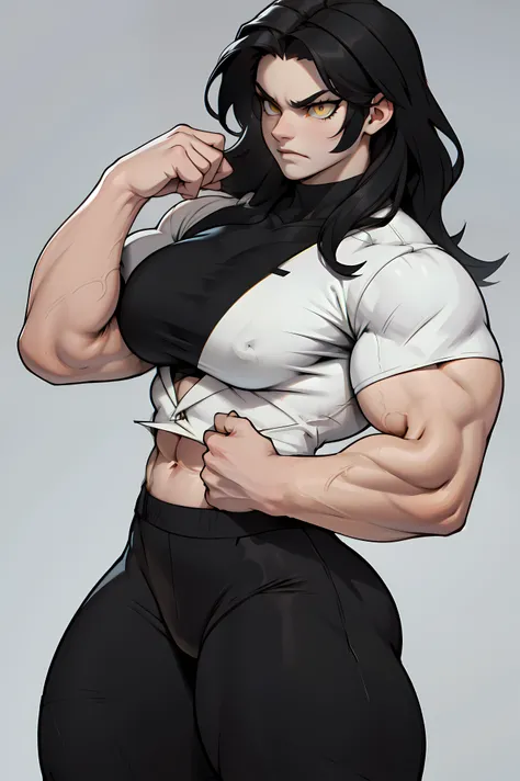 ((1girl)) pale skin large breasts (muscular) toned body thick thighs black hair yellow eyes (long hair grey background) bodybuilder angry tight shirt