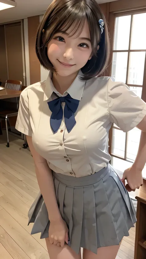  Japanese high school girl、  Smile 、high school uniform、 thighs、collared shirt, short_sleeves, Big Breasts、((basement)), bow tie, pleated skirt, 