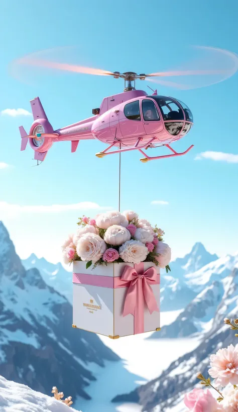 A breathtaking aerial scene featuring a delicate neon pink helicopter hovering gracefully against a bright blue sky, with snow-capped mountains stretching into the distance below. The luxurious aircraft is connected by a slender cable to an elegant hat box...