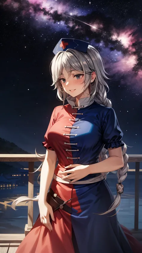 (Ultra High Quality,super high definition,16k,super masterpiece,Ultra HD , detailed shading and background,)One woman is facing up,Long silver hair, braids, Chest Valley, nurse cap ,long skirt with low skin exposure,smiles shyly,blush,Thick lips,Japanese-s...