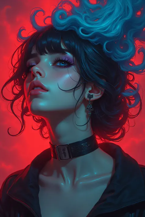 Close up shot of a woman with colorful hair,  de su cabello brota humo negro, Anime Girl with smoke Hair ,  rossdraws, Gouvez art style , dark fantasy art style , colorful],  vibrant fantasy style , dibujos animados de rossdraws llenos de vitalidad, guweiz...