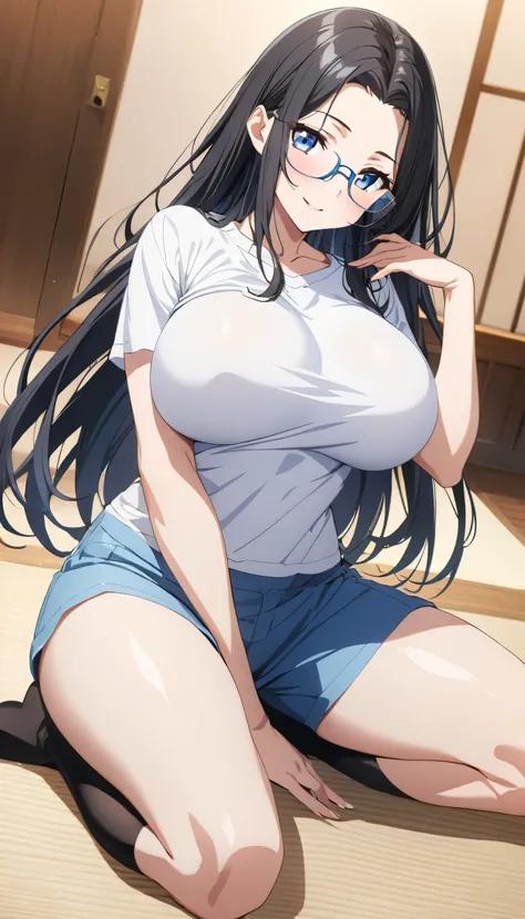  sits on the floor,full body, provocative smile,emphasizes breasts,looking at the camera,1 high school girl,all white plain tight t-shirt,Short sleeve,Blue shorts,black socks,long hair, black hair,Forehead,Big Breasts, Blue Eyes ,blue-rimmed glasses,Ryokan...