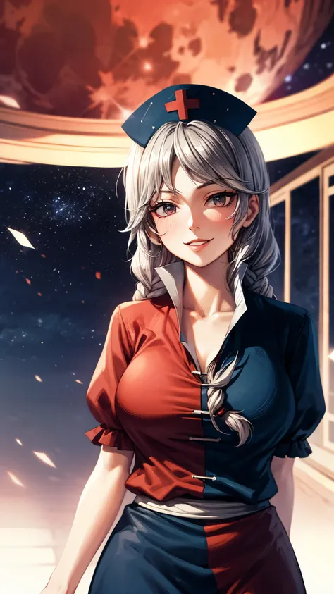 (Ultra High Quality,super high definition,16k,super masterpiece,Ultra HD , detailed shading and background,)One woman is facing up,Long silver hair, braids, Chest Valley, nurse cap ,long skirt with low skin exposure,embarrassing,smile,blush,Thick lips,Back...
