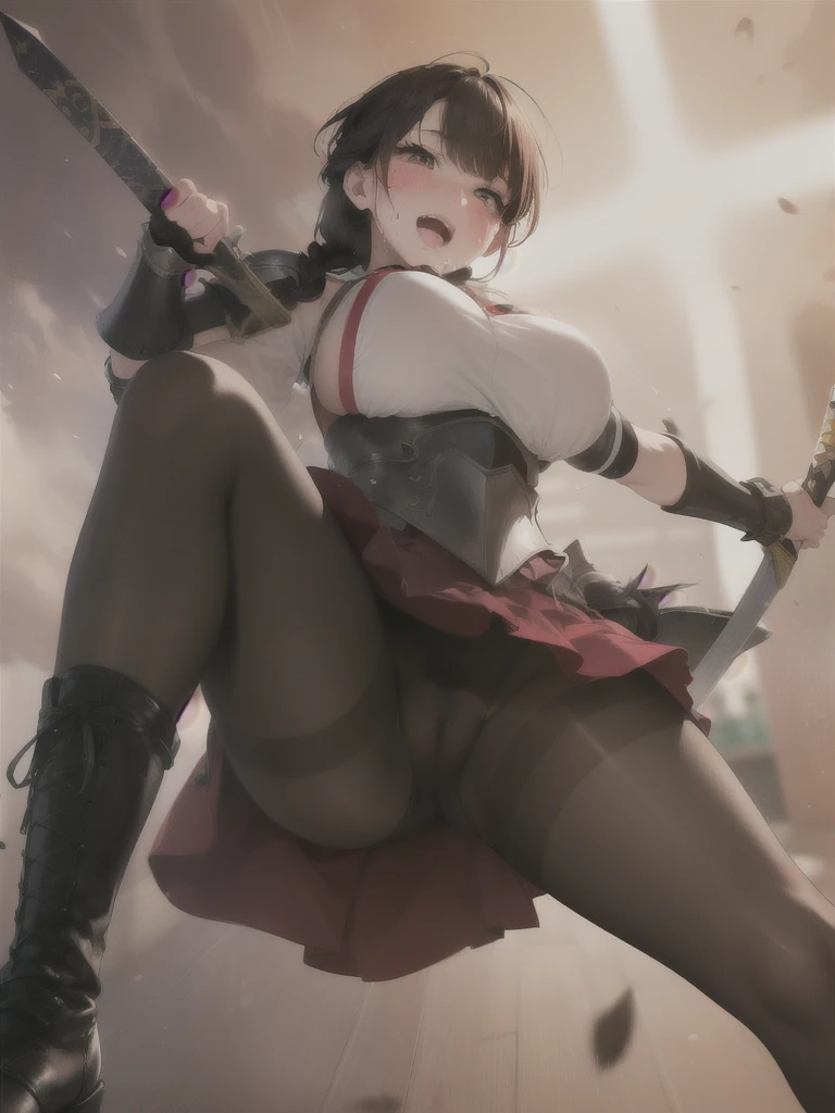 (round ecstasy face), drooping eyes, shame smiling, blush),female fighter, armor, shame, blush, (dark pantyhose with pubic hair), sword, shield, high boots, focus on her pubic hair, braid, open mouth, drooling, moving pose, grabbing breast, angle from belo...