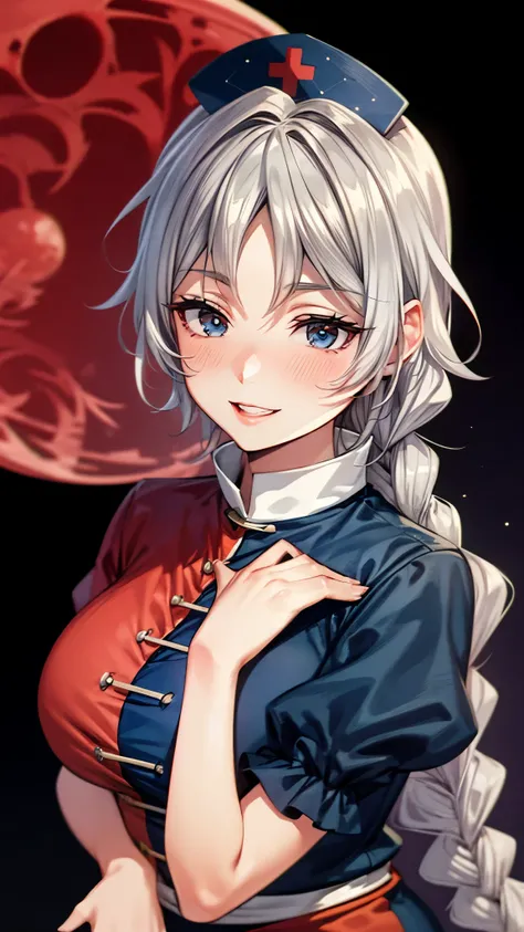 （Ultra High Quality,super high definition,16k,super masterpiece,Ultra HD , detailed shading and background,）One woman is facing up,Long silver hair, braids, Chest Valley, nurse cap ,smile,blush,Thick lips,Background with a big full moon and starry sky,