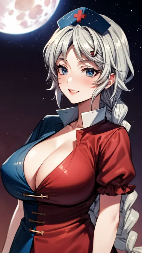 （Ultra High Quality,super high definition,16k,super masterpiece,Ultra HD , detailed shading and background,）One woman is facing up,Long silver hair, braids, Chest Valley, nurse cap ,smile,blush,Thick lips,Background with a big full moon and starry sky,