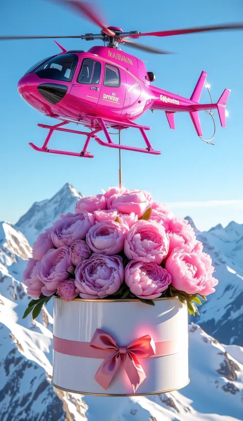 stunning aerial scene featuring a vibrant neon pink helicopter glowing brightly against a crisp blue sky, with snow-capped mountains stretching into the distance below. The luxurious aircraft is connected by a strong cable to an enormous hat box suspended ...