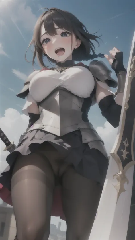 (round ecstasy face), drooping eyes, shame smiling, blush),female fighter, armor, shame, blush, (dark pantyhose with pubic hair), sword, shield, high boots, focus on her pubic, braid, open mouth, drooling, moving pose, grabbing breast, angle from below, 