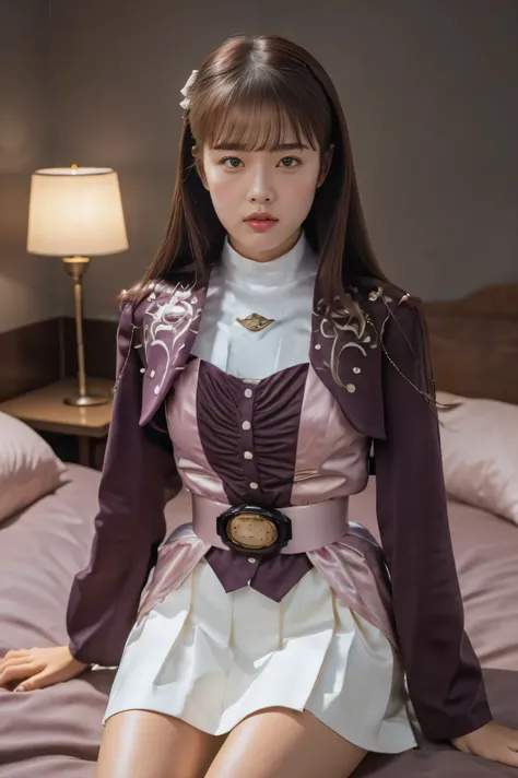 ( High-definition CG),( Highest quality ),(( composition showing the part above the knee)),((Inside a dark room with no lights )),((on the bed)), (( lie on the ground with your back)),(( 1girl )), perfect face,  shiny skin , wide hips , thin waist, purple ...