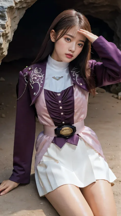 ( High-definition CG),( Highest quality ),(( Composition showing the top from the waist)),(( in a dark cave)),(( 1girl )), perfect face,  shiny skin , wide hips , thin waist, purple bolero jacket,((white skirt)), Long Sleeve  ,  pink belt,((brown hair colo...