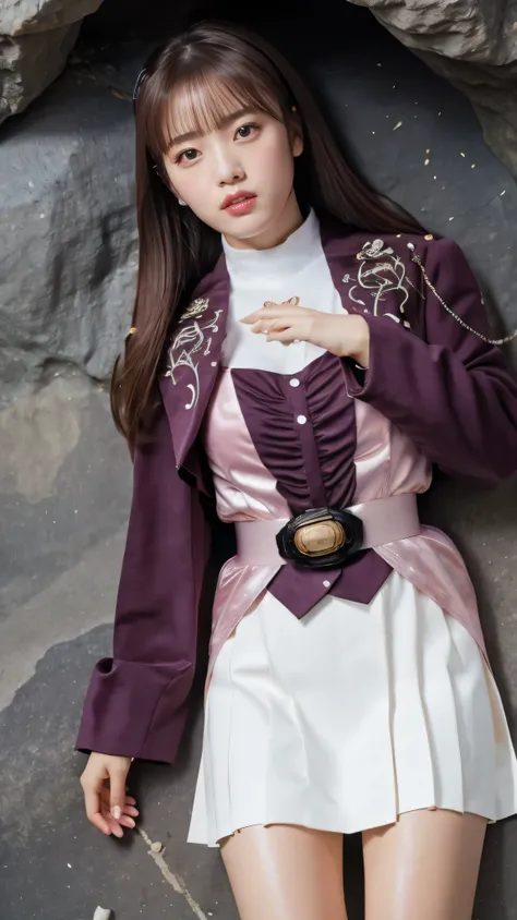 ( High-definition CG),( Highest quality ),(( Composition showing the top from the waist)),(( in a dark cave)),(( 1girl )), perfect face,  shiny skin , wide hips , thin waist, purple bolero jacket,((white skirt)), Long Sleeve  ,  pink belt,((brown hair colo...