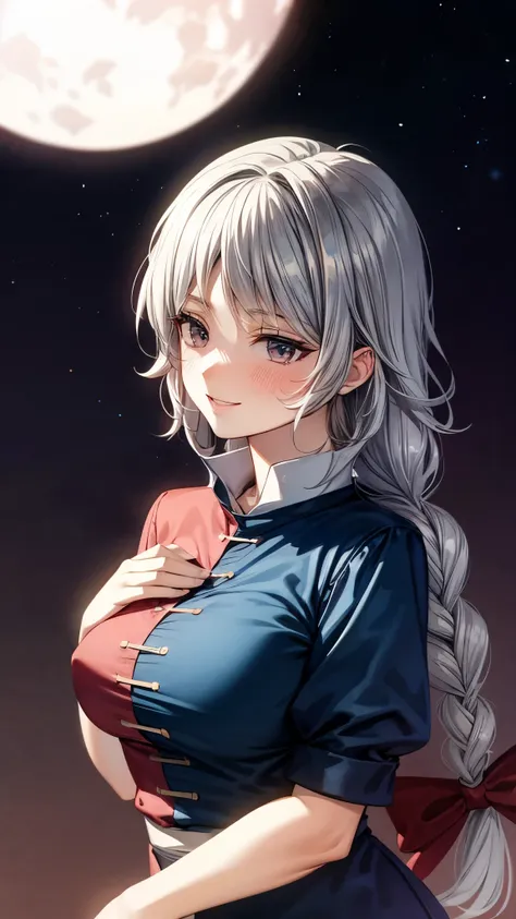 (Ultra High Quality,super high definition,16k,super masterpiece,Ultra HD , detailed shading and background,)One woman is facing up,Long silver hair, braids, Chest Valley, nurse cap , provocative smile,blush,Background with a big full moon and starry sky,ho...