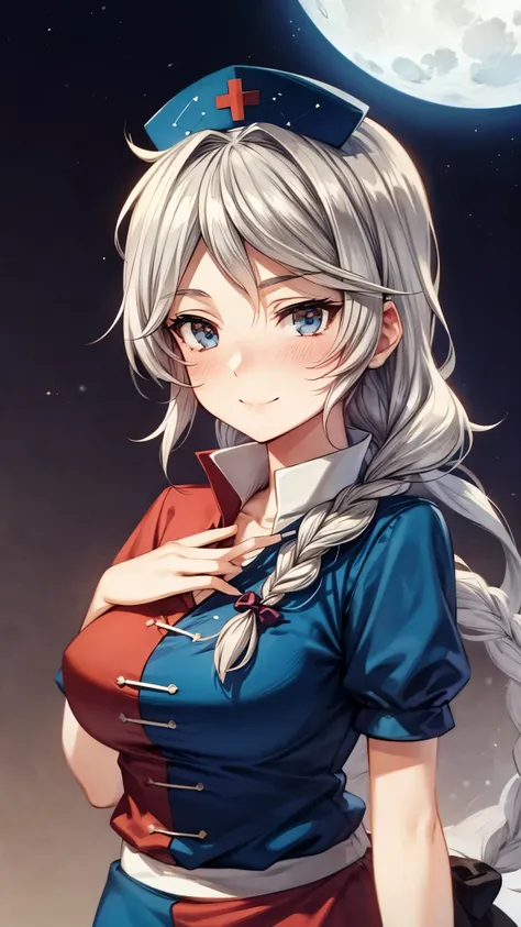 (Ultra High Quality,super high definition,16k,super masterpiece,Ultra HD , detailed shading and background,) one older sister,Long silver hair, braids, Chest Valley, nurse cap , doya face,smile,blush,starry sky background with big white full moon,holding a...