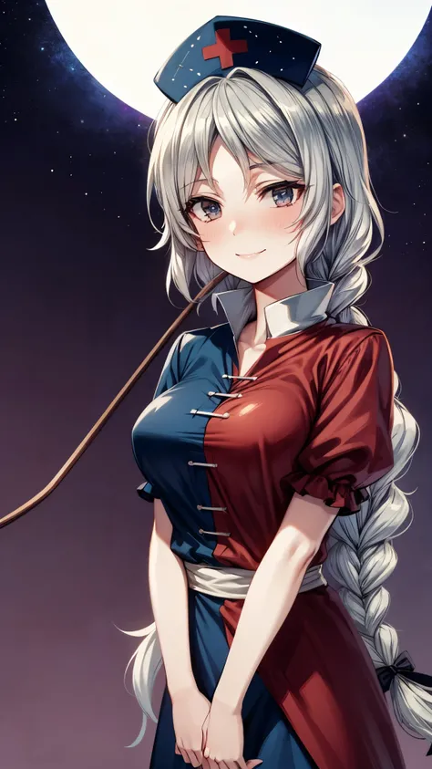 (Ultra High Quality,super high definition,16k,super masterpiece,Ultra HD , detailed shading and background,) one older sister,Long silver hair, braids, Chest Valley, nurse cap , doya face,smile,blush,starry sky background with big white full moon,holding a...
