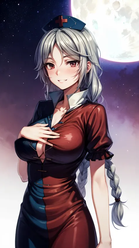 （Ultra High Quality,super high definition,16k,super masterpiece,Ultra HD , detailed shading and background,） one older sister,Long silver hair, braids, Chest Valley, nurse cap , doya face,smile,blush,starry sky background with big white full moon,Lift your...