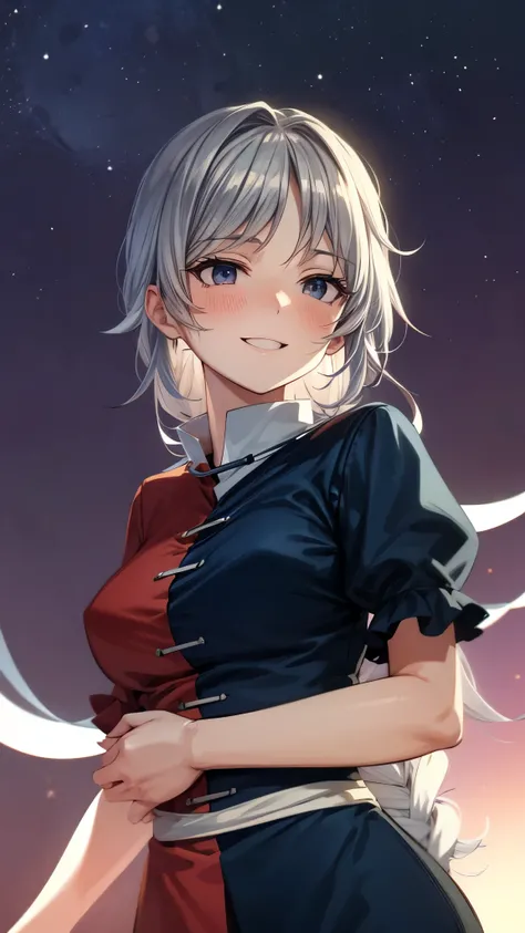 (Ultra High Quality,super high definition,16k,super masterpiece,Ultra HD , detailed shading and background,)taken from below, one older sister,Long silver hair, braids, Chest Valley, nurse cap , doya face,smile,blush,starry sky background with big white fu...