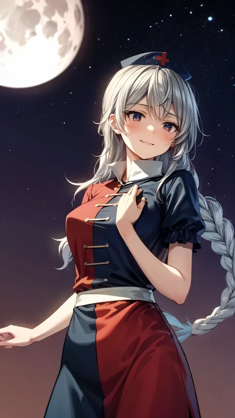 (Ultra High Quality,super high definition,16k,super masterpiece,Ultra HD , detailed shading and background,)taken from below, one older sister,Long silver hair, braids, Chest Valley, nurse cap , doya face,smile,blush,starry sky background with big white fu...