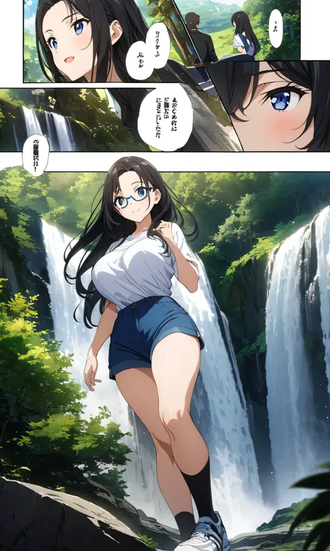  comic,A female middle school student with blue rimmed glasses and an adult male sightseeing,smile,in a plain white top underneath a black jacket,Blue shorts, black socks,Sneakers,long hair,  black hair, Forehead,Big Breasts,blue eyes,nature,waterfall,fine...