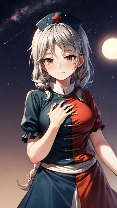 (Ultra High Quality,super high definition,16k,super masterpiece,Ultra HD , detailed shading and background,)taken from below, one older sister,Long silver hair, braids, Chest Valley, nurse cap , doya face,smile,blush,starry sky background with big white fu...