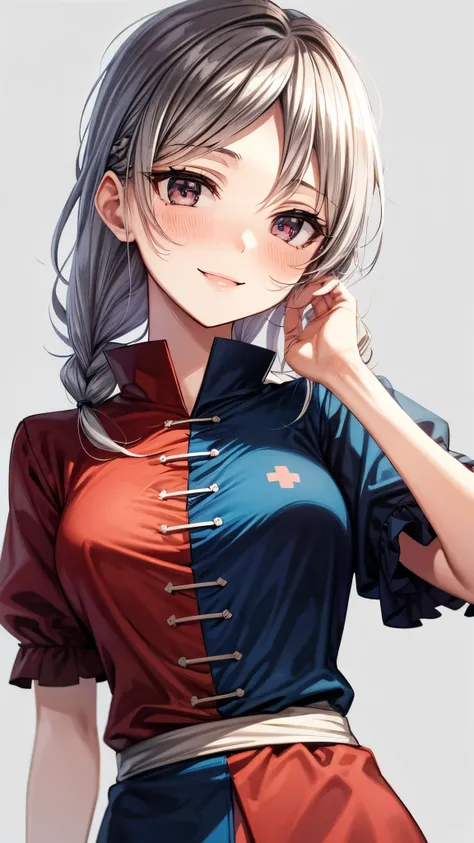 (Ultra High Quality,super high definition,16k,super masterpiece,Ultra HD , detailed shading and background,)taken from below, one older sister,Long silver hair, braids, white nurse clothes, Chest Valley,smile,blush,Medical Office,