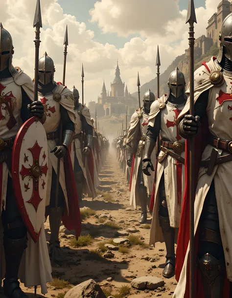 **Prompt:** Create a hyper-realistic panoramic wide-angle image of a medieval European landscape featuring a symmetrical composition at its center. The scene depicts an orderly formation of Templar Crusaders, distinguished by their white cloaks adorned wit...
