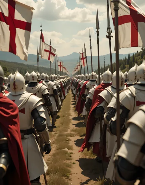 **Prompt:** Create a hyper-realistic panoramic wide-angle image of a medieval European landscape featuring a symmetrical composition at its center. The scene depicts an orderly formation of Templar Crusaders, distinguished by their white cloaks adorned wit...
