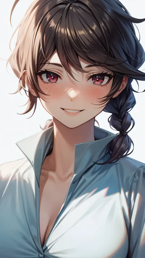 （Ultra High Quality,super high definition,16k,super masterpiece,Ultra HD , detailed shading and background,）taken from below, one older sister,Long silver hair, braids,white shirt, Chest Valley,smile,blush,Medical Office,