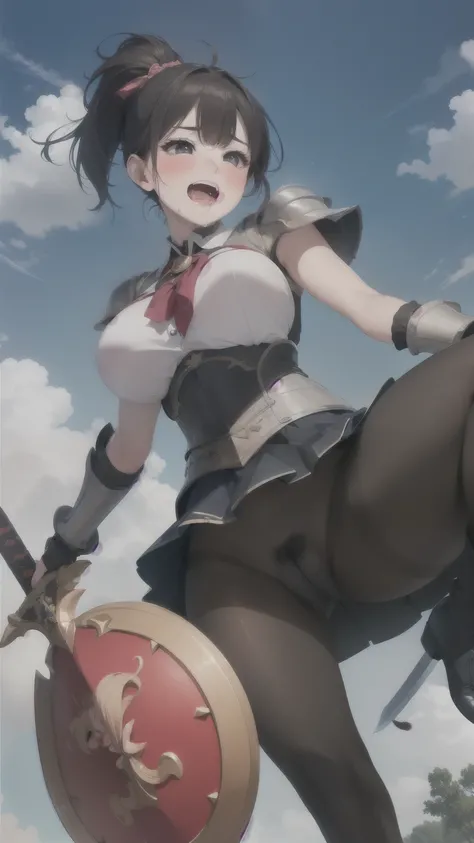 (round ecstasy face), drooping eyes, shame smiling, blush),female fighter, armor, shame, blush, (dark pantyhose with pubic hair and erect clitoris), sword, shield, high boots, focus on her pubic, open mouth, drooling, moving pose, grabbing breast, angle fr...