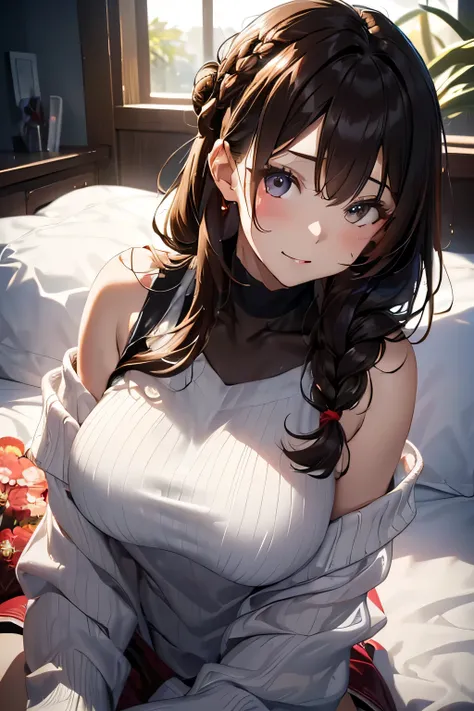 (((  woman lying on bed )))、   highlights beautiful breasts  、  see-through white tight sweater dress 、off-shoulder tight sweater dress、(Reddish brown wet shiny hair)、(  floral   braided headband、  half up、  floral  ,),(Space Blade、voluminous fishtail brai...