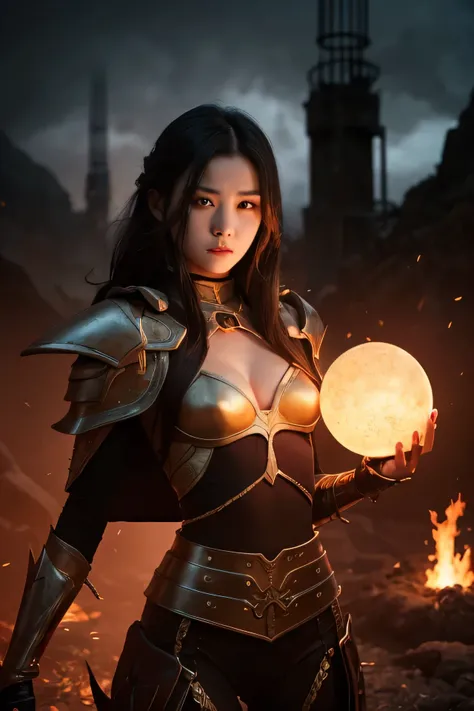 A hyper-realistic, cinematic photoshoot of a 23-year-old Korean female idol singer in a modern-fantasy setting, locked in a fierce battle against a towering demon in a fiery, hellish dungeon. She stands confidently, radiating both elegance and power, holdi...