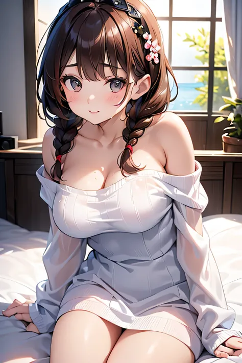 (((  woman lying on bed )))、   highlights beautiful breasts  、  see-through white tight sweater dress 、off-shoulder tight sweater dress、(Reddish brown wet shiny hair)、(  floral   braided headband、  half up、  floral  ,),(Space Blade、voluminous fishtail brai...