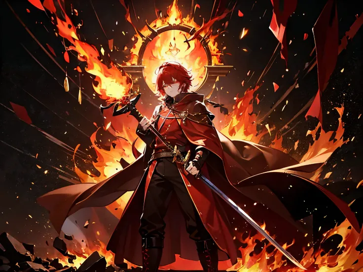  medium-sized guy . Fiery red hair and glowing eyes. Dressed in a fiery red royal robe, pants and boots . Pieces of fire fly around him. Armed with a long blazing sword.