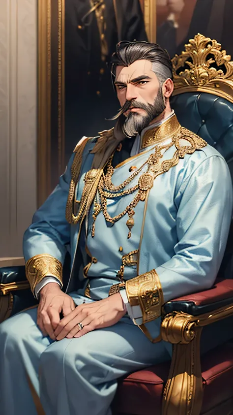 Mature man, short black hair with gray hair. Beard and mustache with gray hair. Serious look. Blue and white clothes, dressed like royalty. Sitting on his throne. Inside a golden royal room.