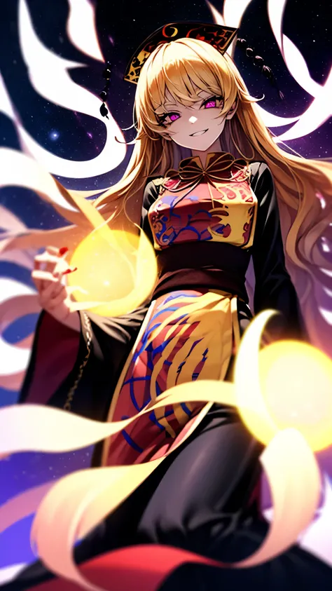 （Ultra High Quality,super high definition,16k,super masterpiece,Ultra HD ,detailed shading and background,）taken from below, one older sister,black crown,long blonde hair with waves,Chinese clothing,long skirt with low skin exposure, Aggressive Smile, glow...