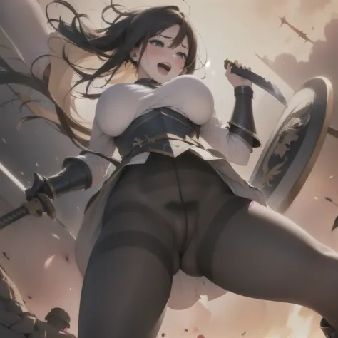 (round ecstasy face), drooping eyes, shame smiling, blush),female fighter, armor, shame, blush, pubic hair saint, muscular thighs, (dark pantyhose with pubic hair), sword, shield, high boots, focus on her pubic, open mouth, drooling, moving pose, grabbing ...